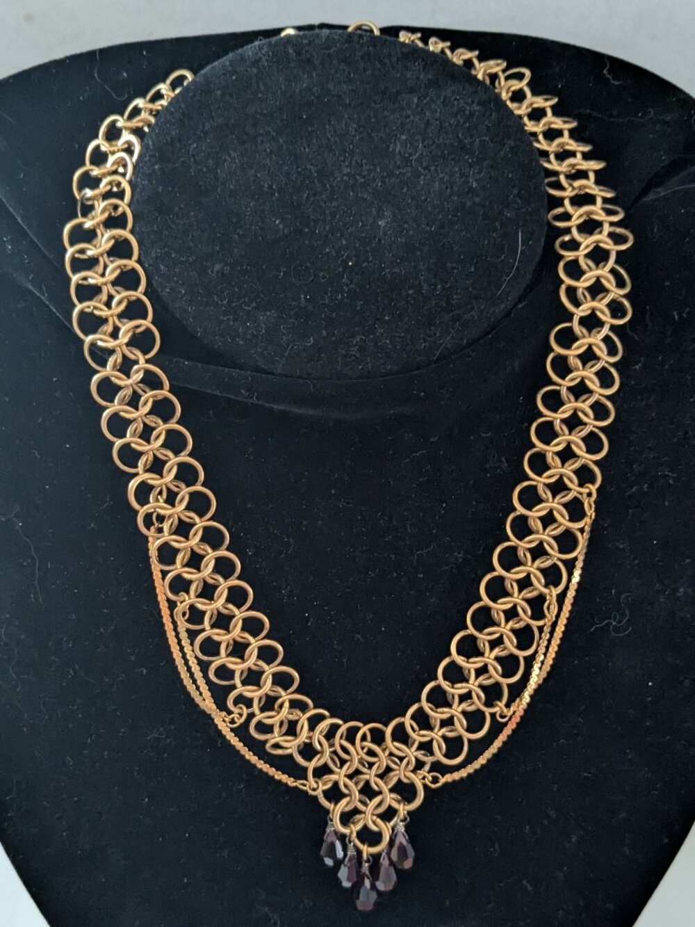 Red Crystal Copper Chainmail Victorian Revival Necklace